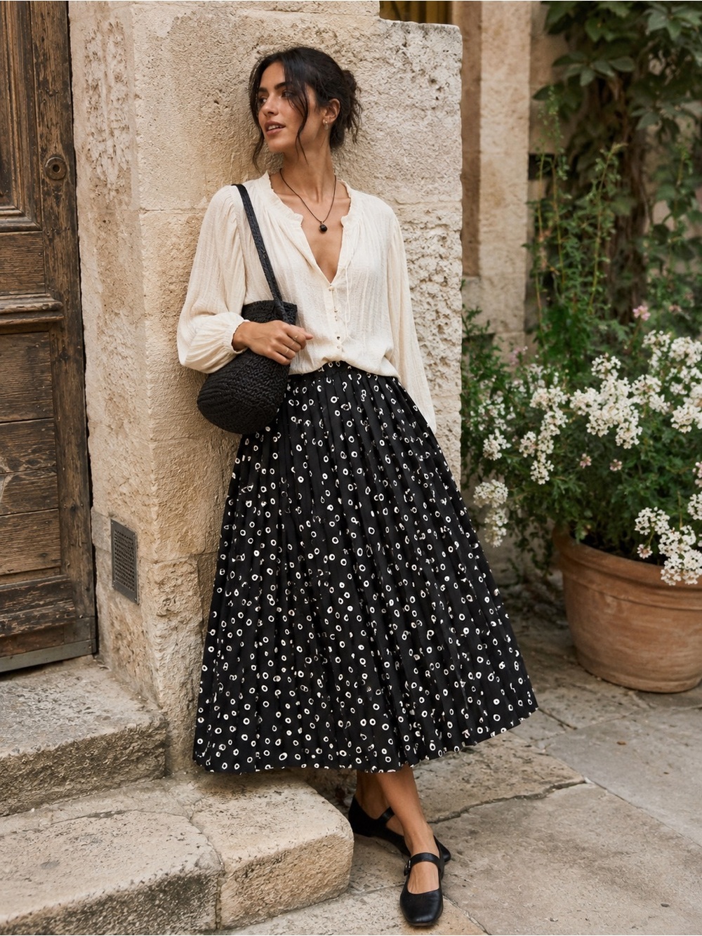 Vintage Leslie Fay Black & White Polka Dot Pleated Midi Skirt 80s 90s L/XL - Picture 5 of 5